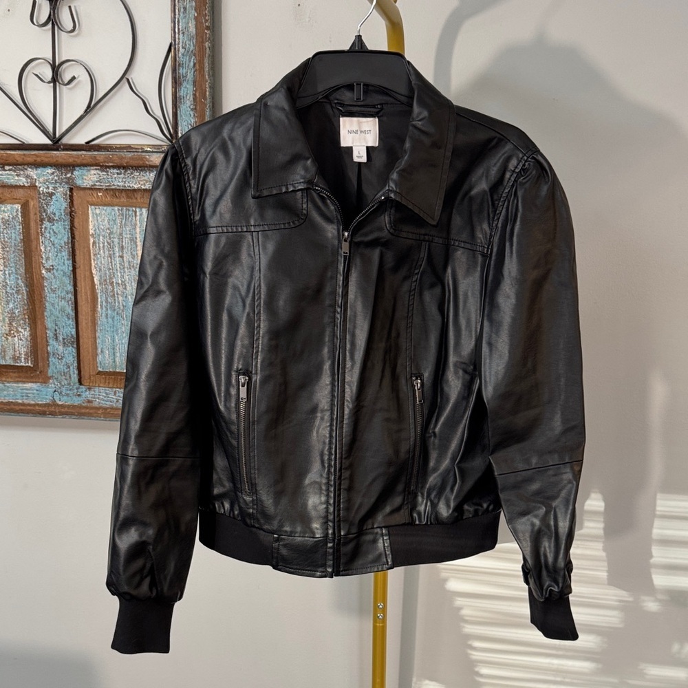 Nine West Black Faux Leather Bomber Jacket with Zip Pockets L